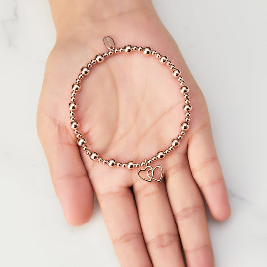 Rose Gold Plated Heart Link Beaded Stretch Bracelet - Philip Jones Jewellery