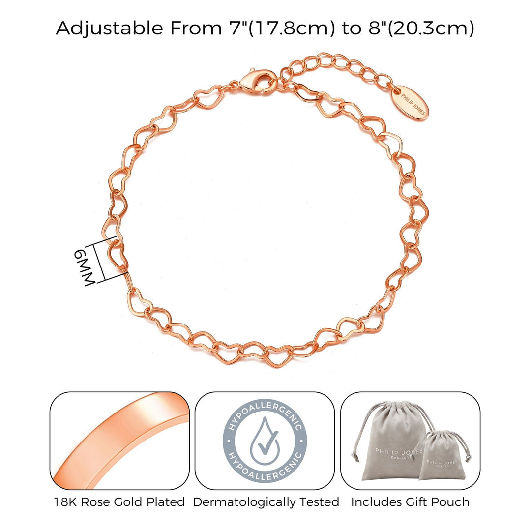 Rose Gold Plated Heart Link Bracelet - Philip Jones Jewellery