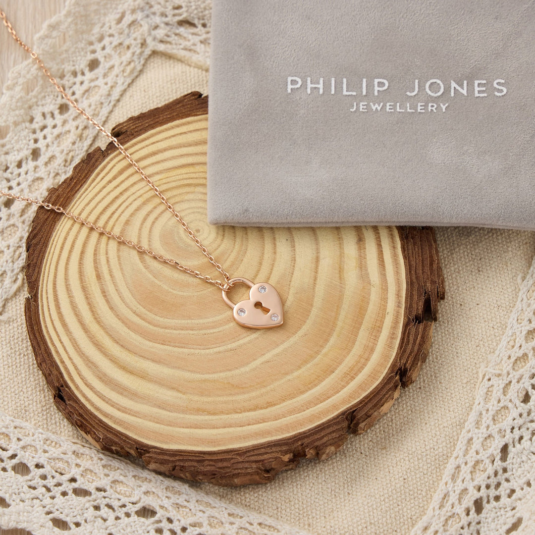 Rose Gold Plated Heart Padlock Necklace Created with Zircondia® Crystals - Philip Jones Jewellery