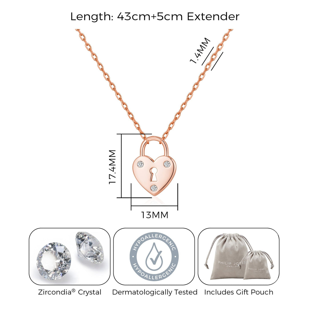 Rose Gold Plated Heart Padlock Necklace Created with Zircondia® Crystals - Philip Jones Jewellery