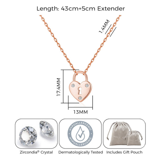 Rose Gold Plated Heart Padlock Necklace Created with Zircondia® Crystals - Philip Jones Jewellery