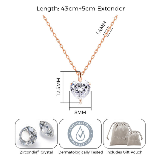 Rose Gold Plated Heart Solitaire Necklace Created with Zircondia® Crystals - Philip Jones Jewellery