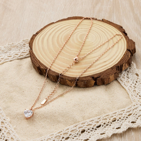 Rose Gold Plated Heart Solitaire Necklace Created with Zircondia® Crystals - Philip Jones Jewellery