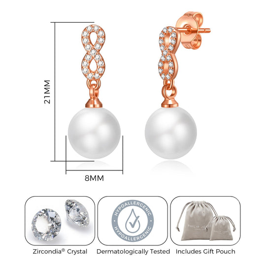Rose Gold Plated I Couldn't Say I Do Without You Infinity Pearl Drop Earrings with Zircondia® Crystals - Philip Jones Jewellery