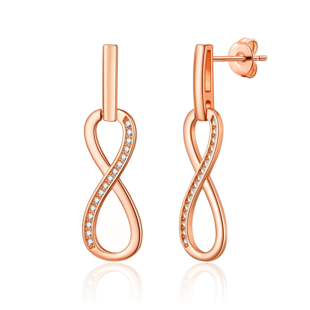 Rose Gold Plated Infinity Drop Earrings Created with Zircondia® Crystals - Philip Jones Jewellery