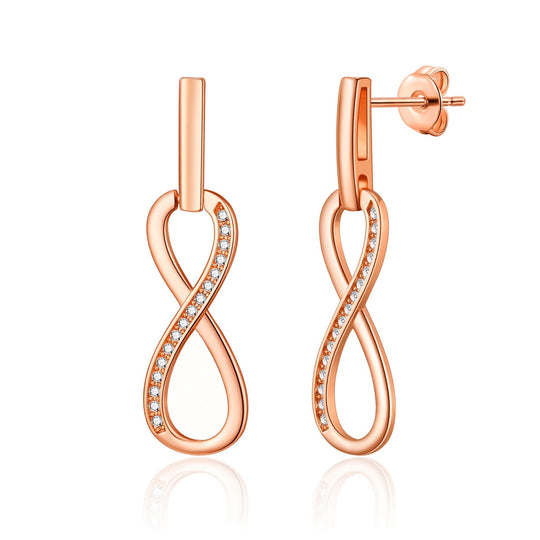 Rose Gold Plated Infinity Drop Earrings Created with Zircondia® Crystals - Philip Jones Jewellery