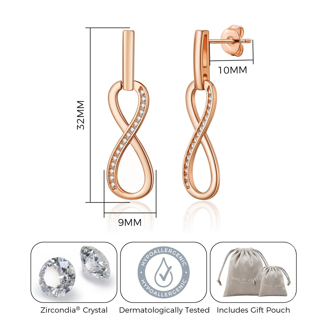 Rose Gold Plated Infinity Drop Earrings Created with Zircondia® Crystals - Philip Jones Jewellery