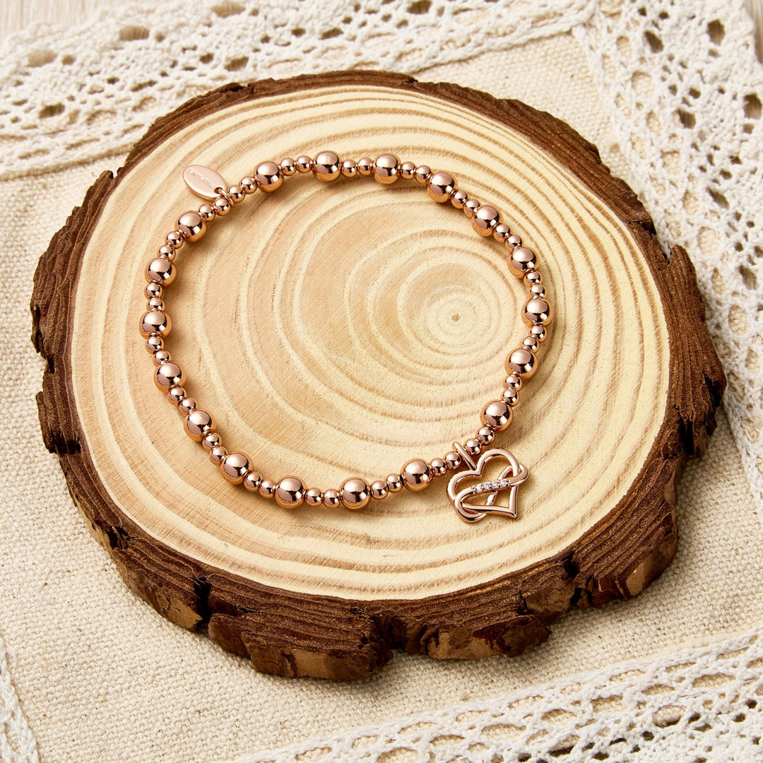 Rose Gold Plated Infinity Heart Beaded Stretch Bracelet - Philip Jones Jewellery
