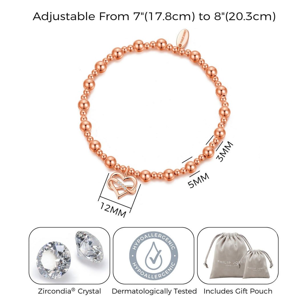 Rose Gold Plated Infinity Heart Beaded Stretch Bracelet - Philip Jones Jewellery