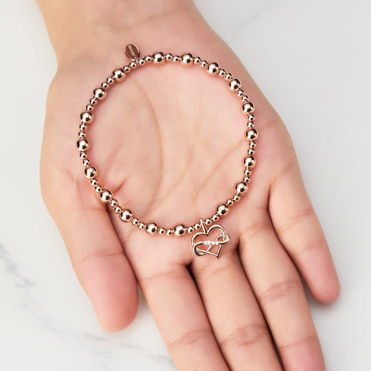 Rose Gold Plated Infinity Heart Beaded Stretch Bracelet - Philip Jones Jewellery