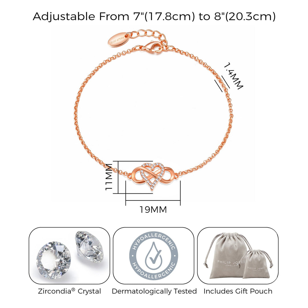 Rose Gold Plated Infinity Heart Bracelet Created with Zircondia® Crystals - Philip Jones Jewellery
