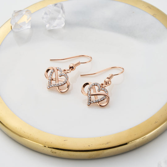 Rose Gold Plated Infinity Heart Drop Earrings Created with Zircondia® Crystals - Philip Jones Jewellery