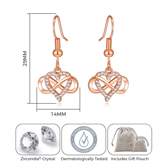Rose Gold Plated Infinity Heart Drop Earrings Created with Zircondia® Crystals - Philip Jones Jewellery