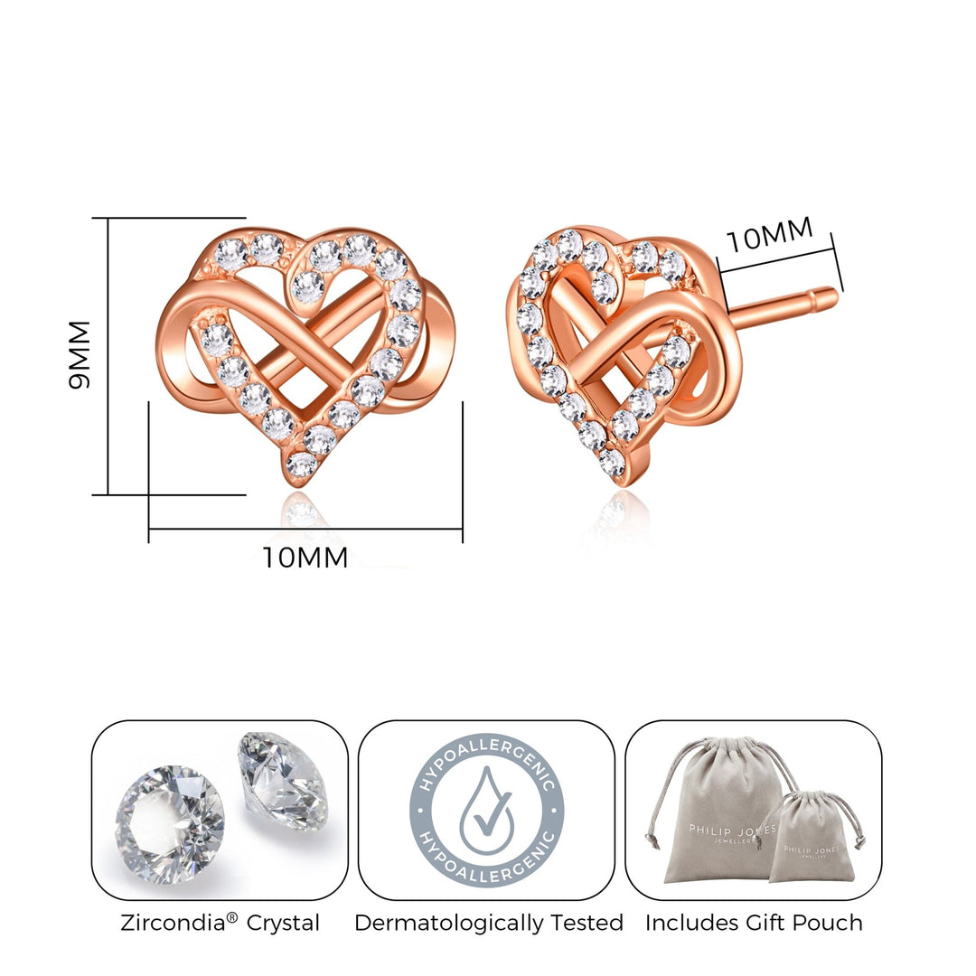 Rose Gold Plated Infinity Heart Stud Earrings Created with Zircondia® Crystals - Philip Jones Jewellery
