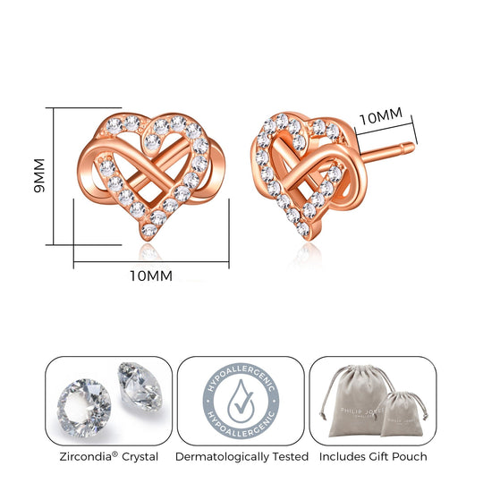 Rose Gold Plated Infinity Heart Stud Earrings Created with Zircondia® Crystals - Philip Jones Jewellery