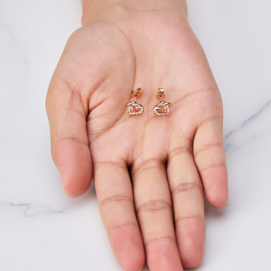 Rose Gold Plated Infinity Heart Stud Earrings Created with Zircondia® Crystals - Philip Jones Jewellery