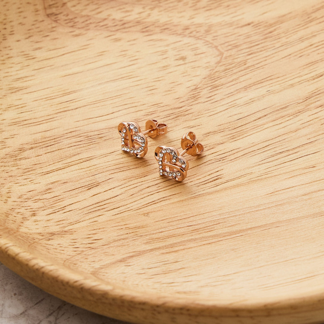 Rose Gold Plated Infinity Heart Stud Earrings Created with Zircondia® Crystals - Philip Jones Jewellery