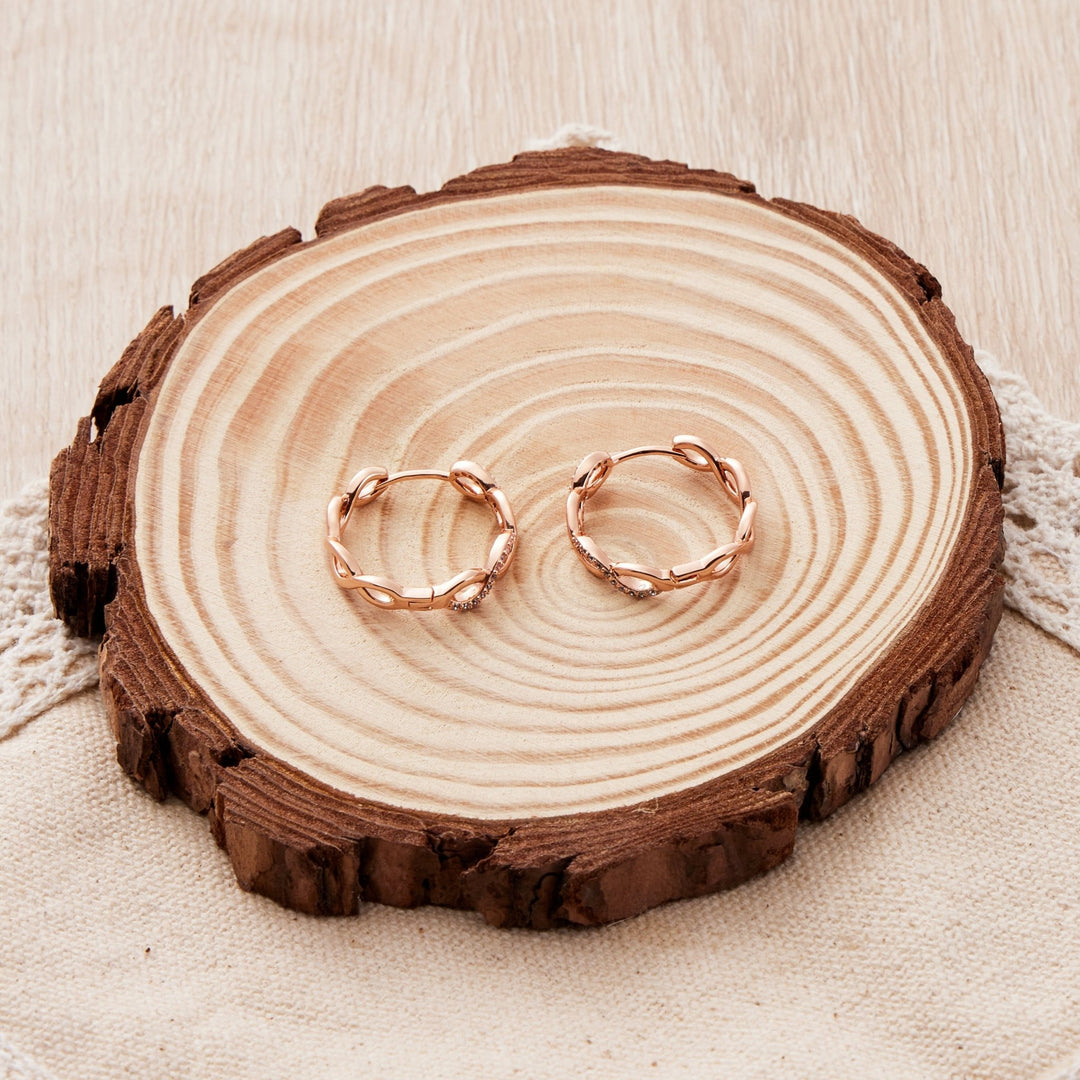 Rose Gold Plated Infinity Hoop Earrings Created with Zircondia® Crystals - Philip Jones Jewellery