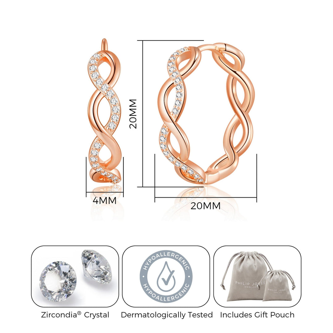 Rose Gold Plated Infinity Hoop Earrings Created with Zircondia® Crystals - Philip Jones Jewellery
