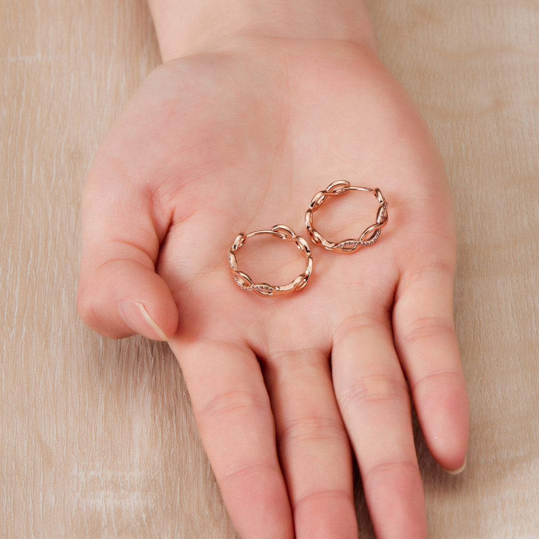 Rose Gold Plated Infinity Hoop Earrings Created with Zircondia® Crystals - Philip Jones Jewellery