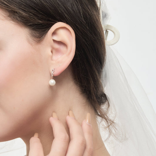 Rose Gold Plated Infinity Pearl Drop Bridal Earrings Created with Zircondia® Crystals - Philip Jones Jewellery
