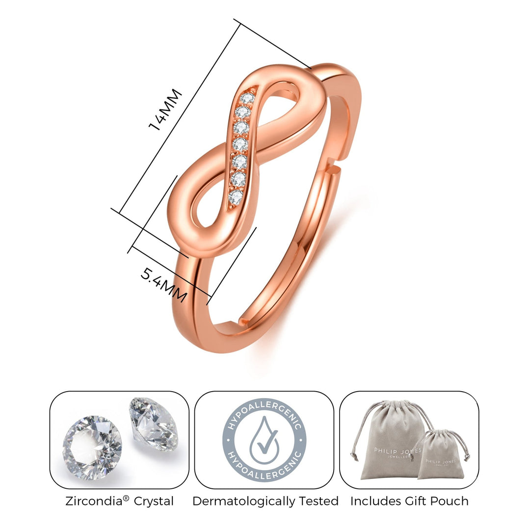 Rose Gold Plated Infinity Ring Created with Zircondia® Crystals - Philip Jones Jewellery
