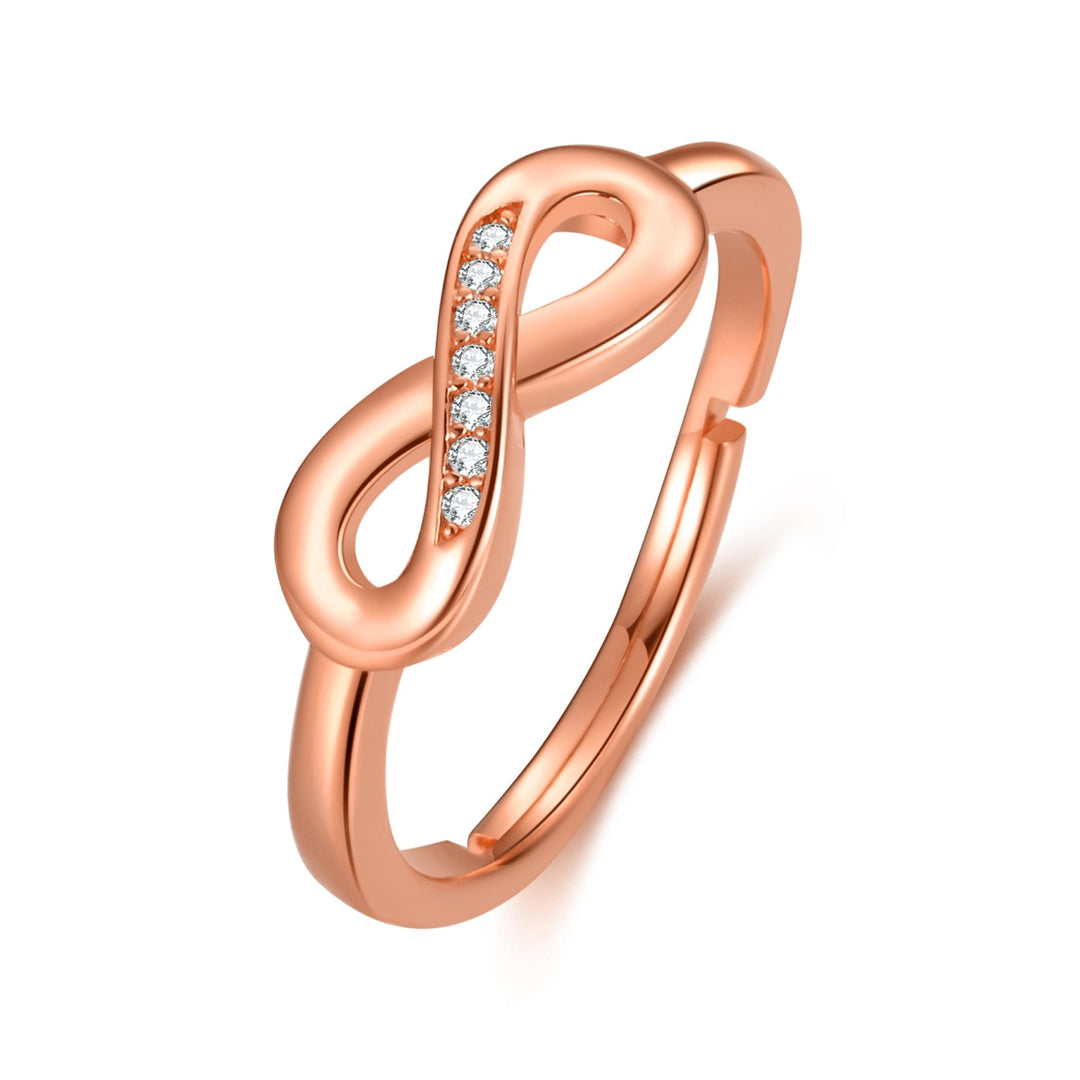 Rose Gold Plated Infinity Ring Created with Zircondia® Crystals - Philip Jones Jewellery