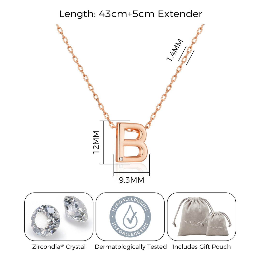 Rose Gold Plated Initial Necklace Letter B Created with Zircondia® Crystals - Philip Jones Jewellery