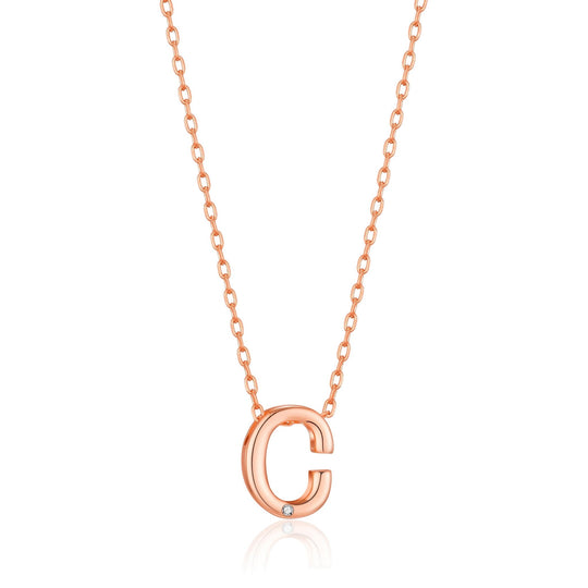 Rose Gold Plated Initial Necklace Letter C Created with Zircondia® Crystals - Philip Jones Jewellery