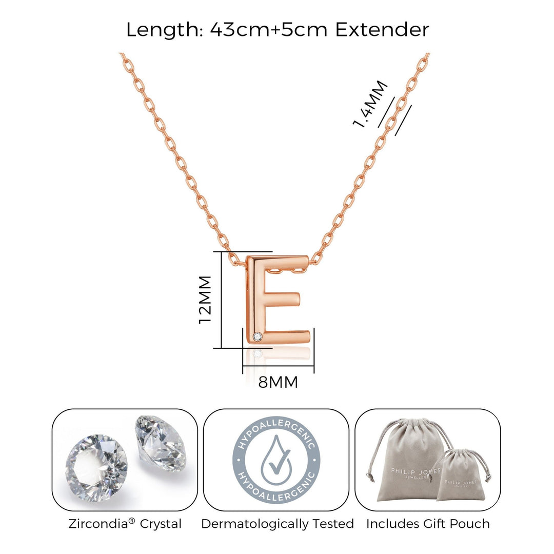 Rose Gold Plated Initial Necklace Letter E Created with Zircondia® Crystals - Philip Jones Jewellery