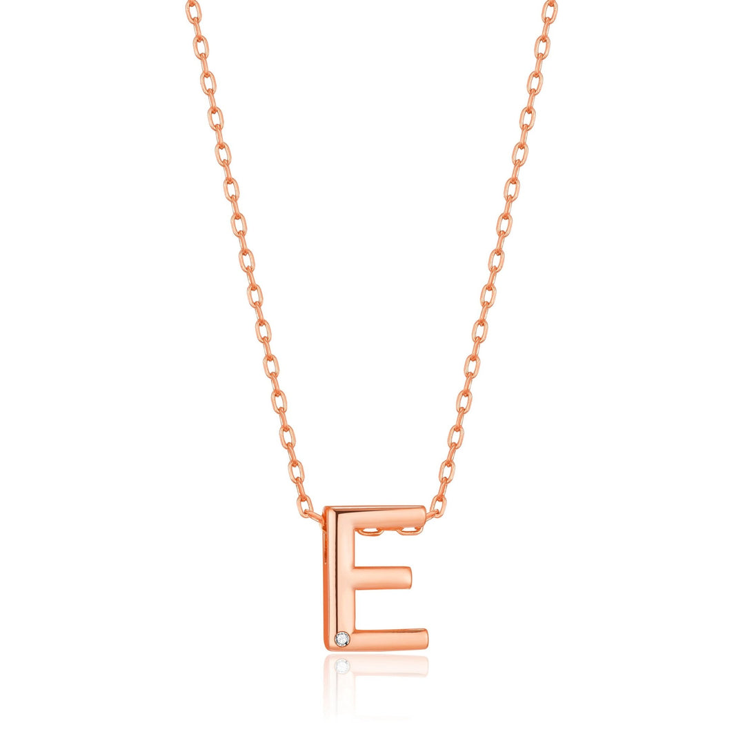 Rose Gold Plated Initial Necklace Letter E Created with Zircondia® Crystals - Philip Jones Jewellery