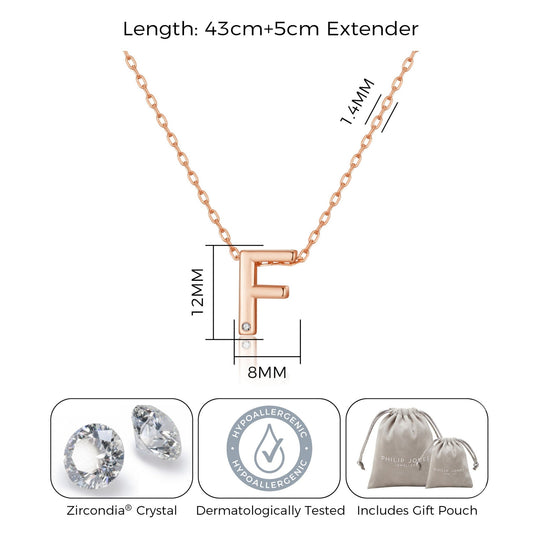 Rose Gold Plated Initial Necklace Letter F Created with Zircondia® Crystals - Philip Jones Jewellery