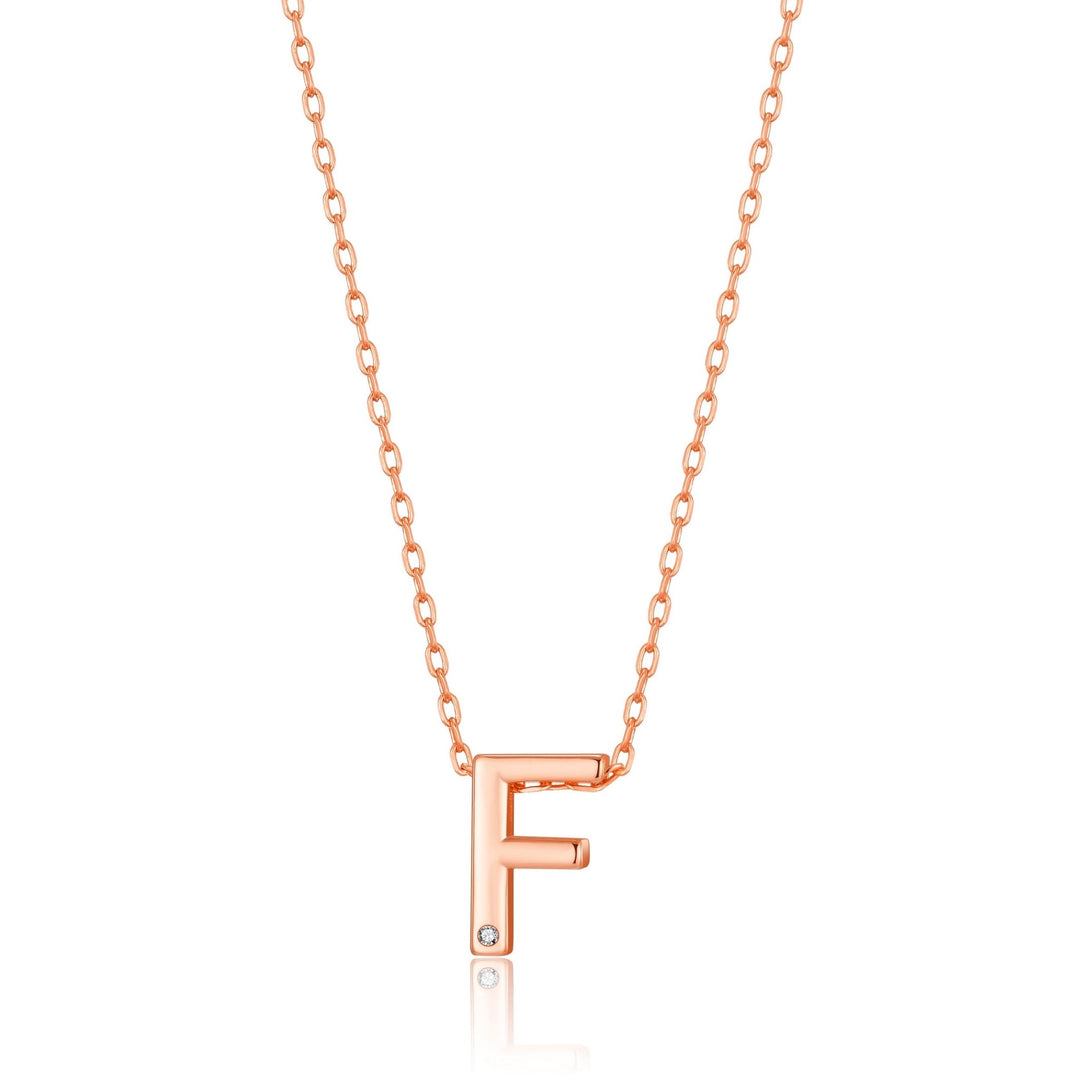 Rose Gold Plated Initial Necklace Letter F Created with Zircondia® Crystals - Philip Jones Jewellery