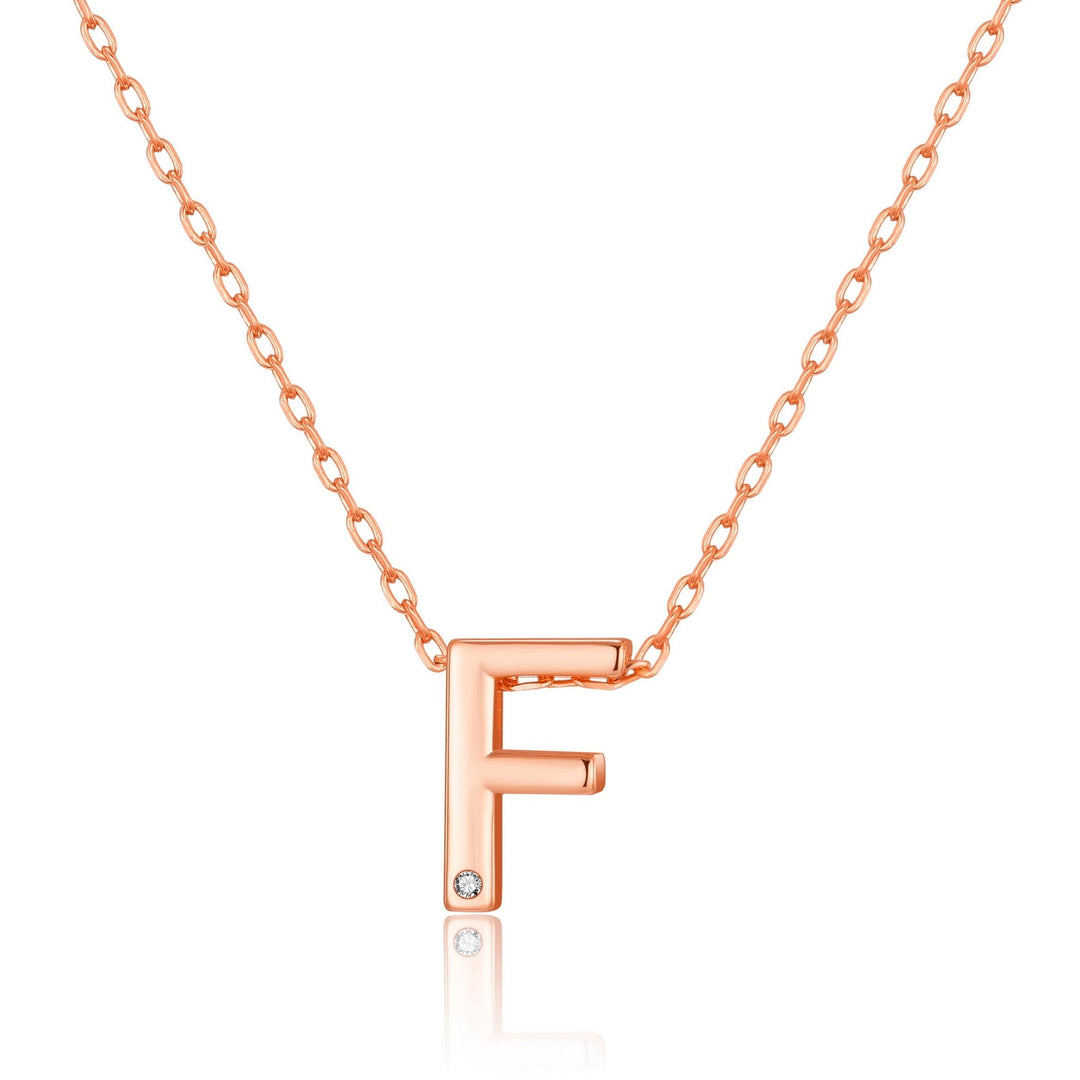 Rose Gold Plated Initial Necklace Letter F Created with Zircondia® Crystals - Philip Jones Jewellery