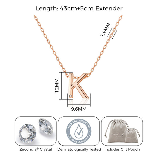 Rose Gold Plated Initial Necklace Letter K Created with Zircondia® Crystals - Philip Jones Jewellery