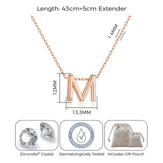 Rose Gold Plated Initial Necklace Letter M Created with Zircondia® Crystals - Philip Jones Jewellery