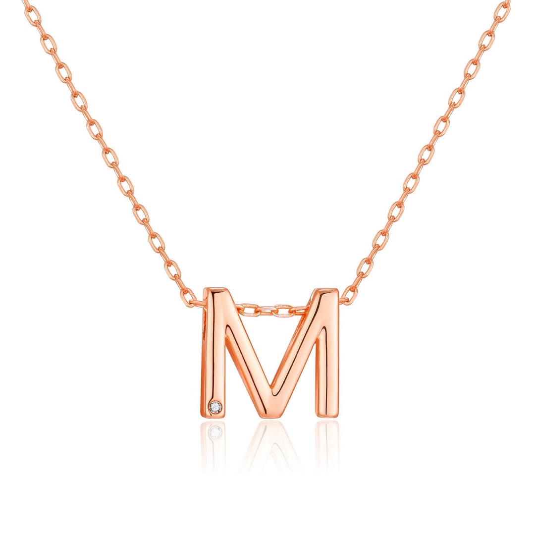 Rose Gold Plated Initial Necklace Letter M Created with Zircondia® Crystals - Philip Jones Jewellery
