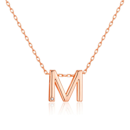 Rose Gold Plated Initial Necklace Letter M Created with Zircondia® Crystals - Philip Jones Jewellery