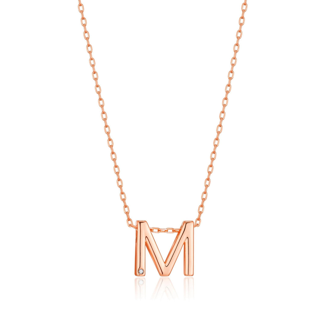 Rose Gold Plated Initial Necklace Letter M Created with Zircondia® Crystals - Philip Jones Jewellery