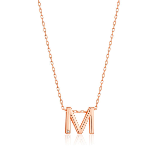 Rose Gold Plated Initial Necklace Letter M Created with Zircondia® Crystals - Philip Jones Jewellery