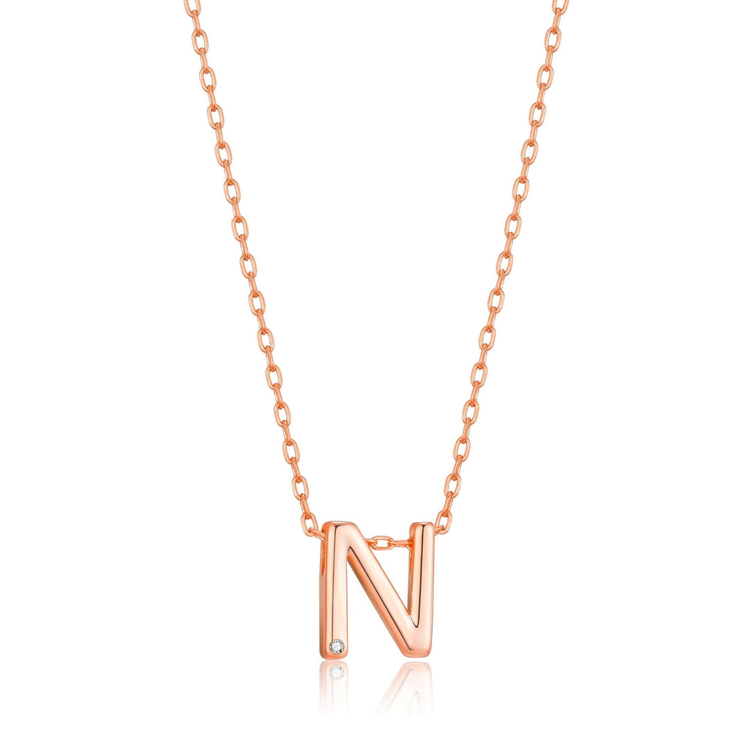 Rose Gold Plated Initial Necklace Letter N Created with Zircondia® Crystals - Philip Jones Jewellery