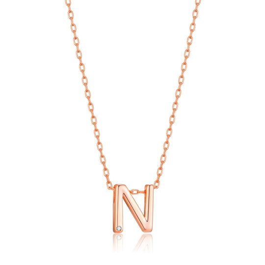 Rose Gold Plated Initial Necklace Letter N Created with Zircondia® Crystals - Philip Jones Jewellery