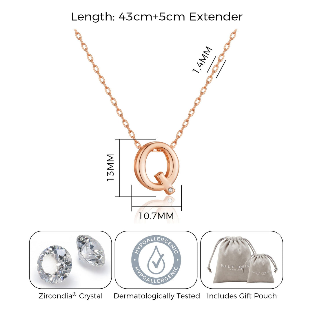 Rose Gold Plated Initial Necklace Letter Q Created with Zircondia® Crystals - Philip Jones Jewellery