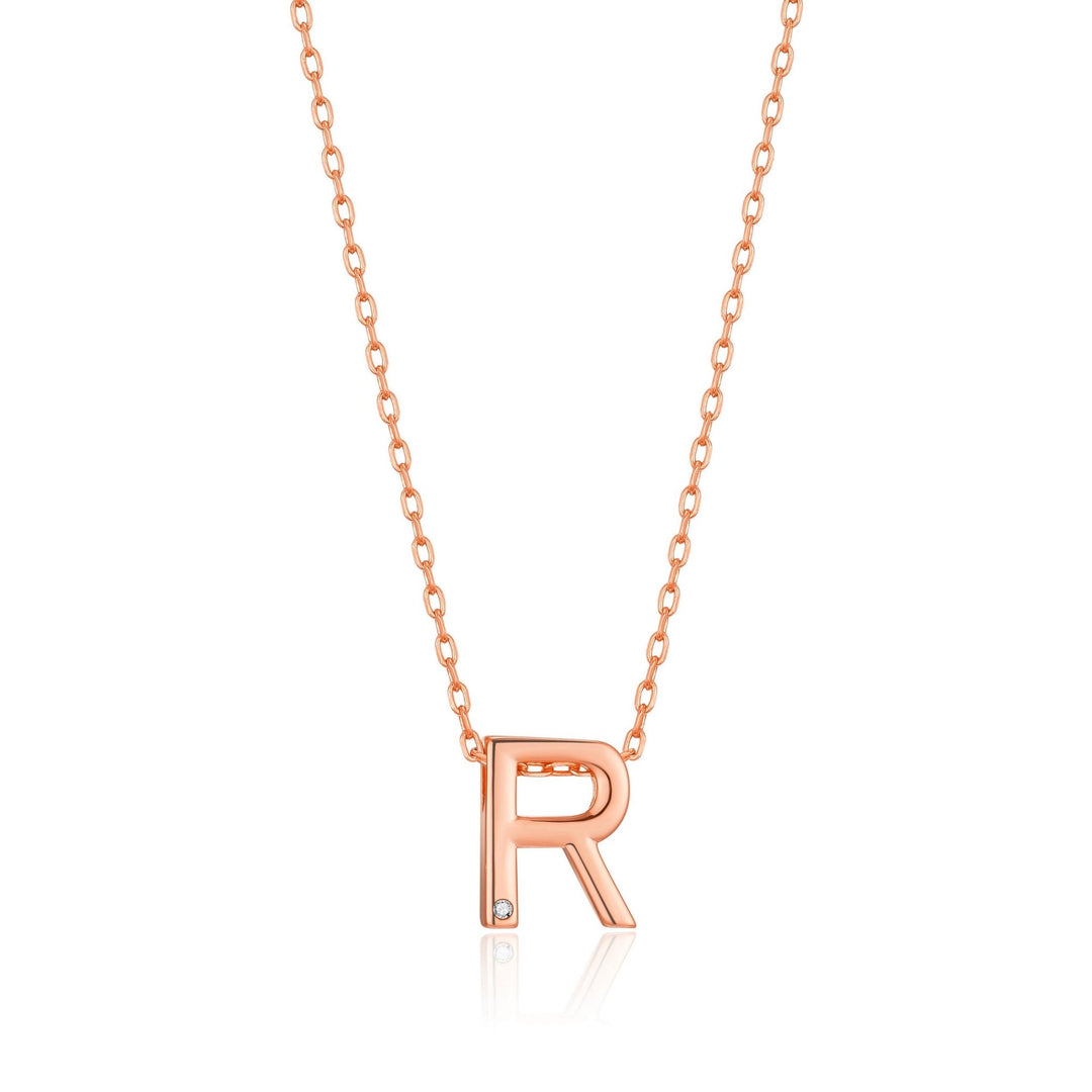 Rose Gold Plated Initial Necklace Letter R Created with Zircondia® Crystals - Philip Jones Jewellery