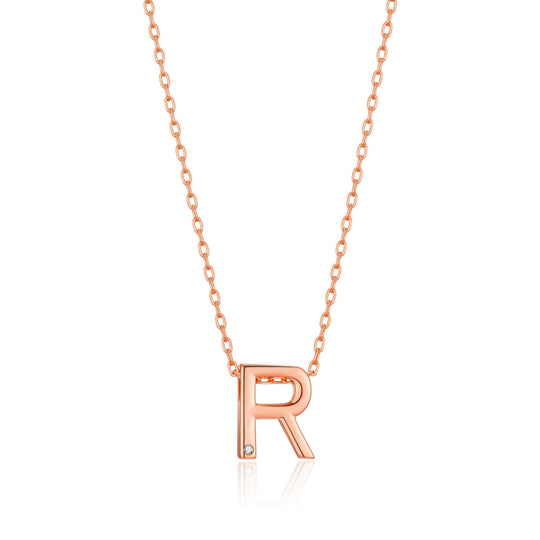 Rose Gold Plated Initial Necklace Letter R Created with Zircondia® Crystals - Philip Jones Jewellery