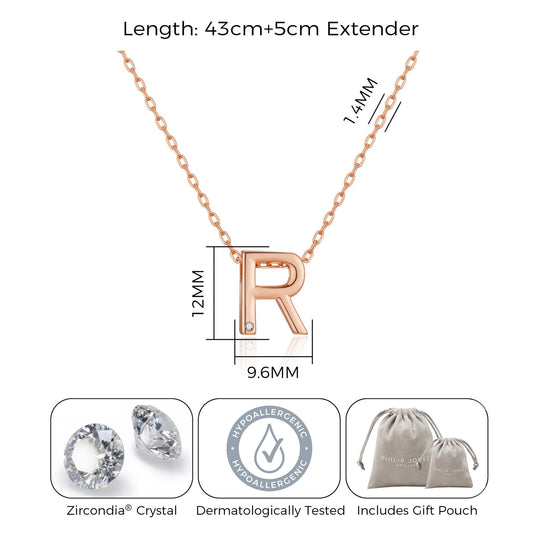 Rose Gold Plated Initial Necklace Letter R Created with Zircondia® Crystals - Philip Jones Jewellery