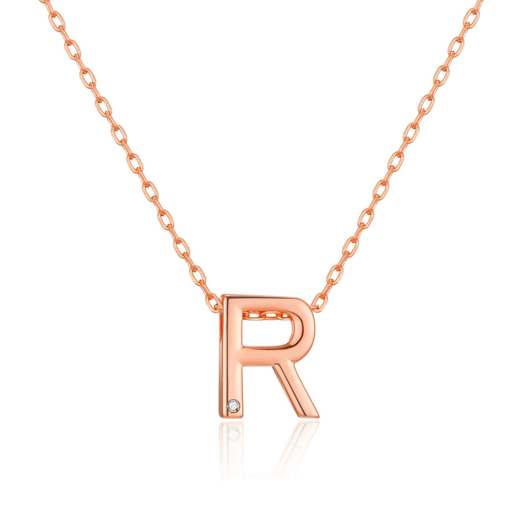 Rose Gold Plated Initial Necklace Letter R Created with Zircondia® Crystals - Philip Jones Jewellery