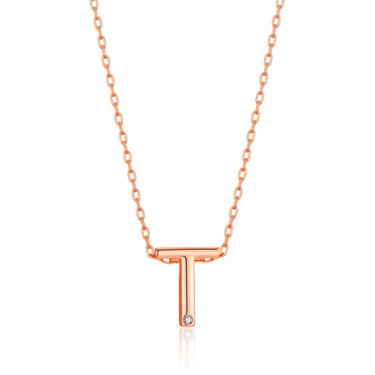 Rose Gold Plated Initial Necklace Letter T Created with Zircondia® Crystals - Philip Jones Jewellery
