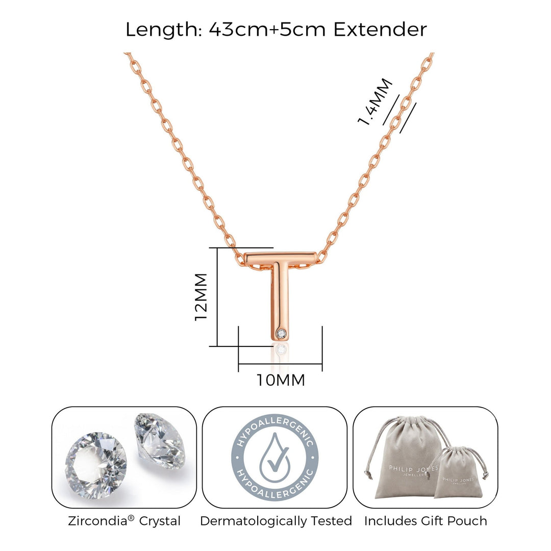 Rose Gold Plated Initial Necklace Letter T Created with Zircondia® Crystals - Philip Jones Jewellery