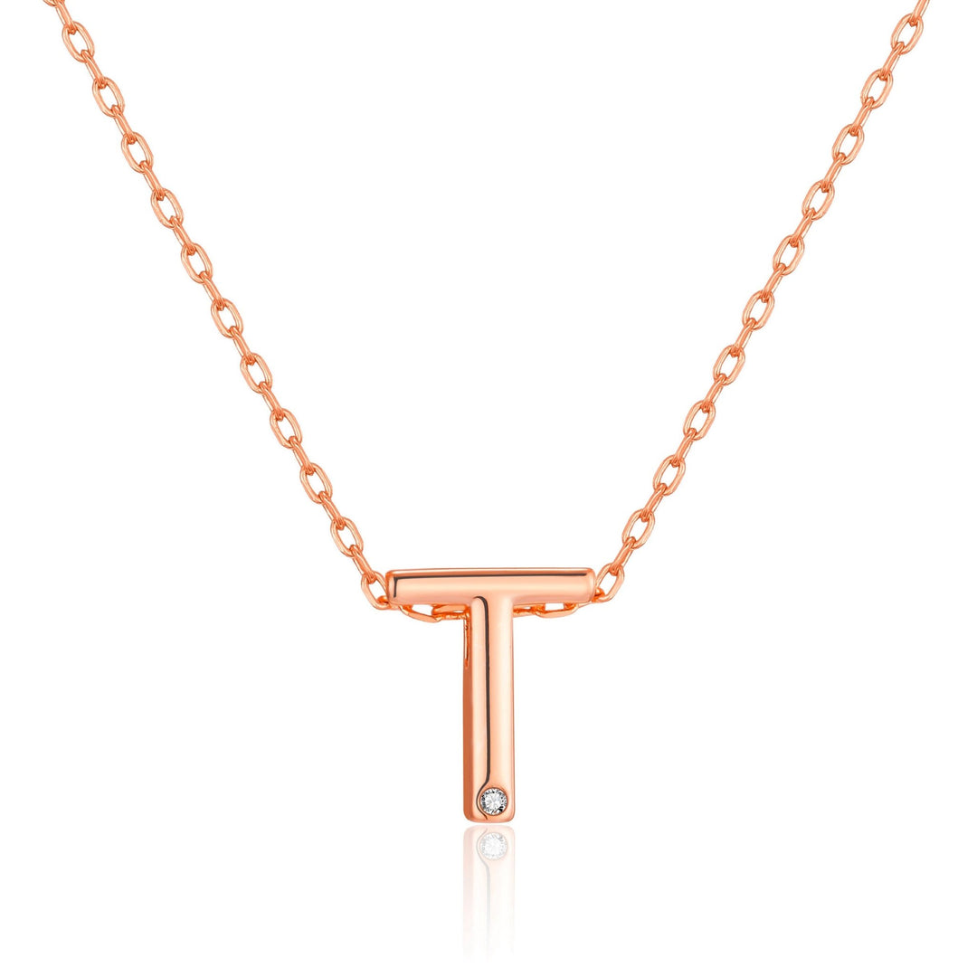 Rose Gold Plated Initial Necklace Letter T Created with Zircondia® Crystals - Philip Jones Jewellery